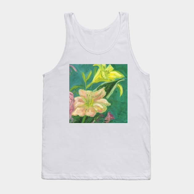 Lilies on Green Tank Top by HelenDBVickers